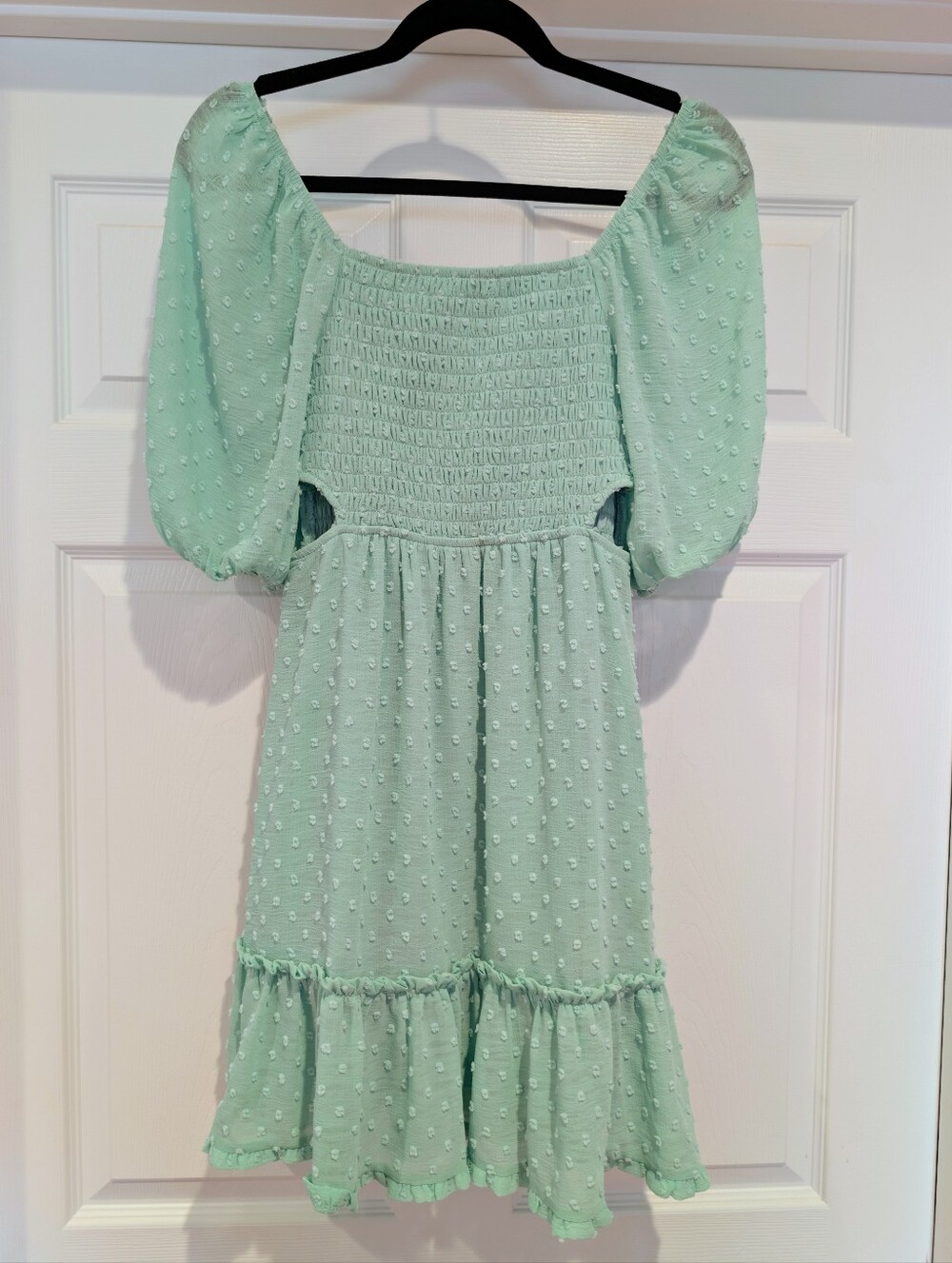 Mint Green Swiss Dot Smocked Puff Sleeve Tiered Cottagecore Dress S